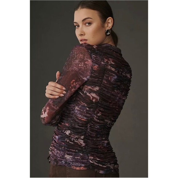 Pilcro Anthropologie Ruched Mesh Floral Print Button Down Top Purple Size Small - Picture 2 of 12